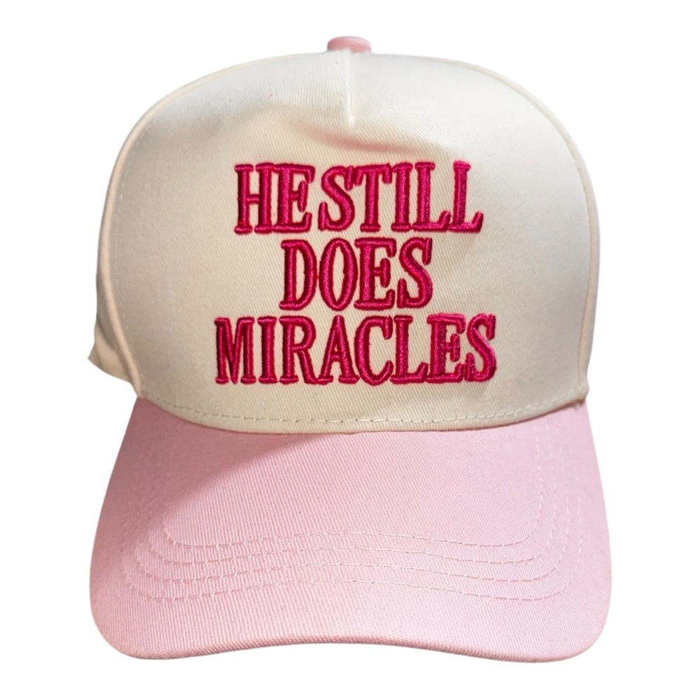 "HE STILL DOES MIRACLES" Embroidered Pink Christian Trucker Hat Religious